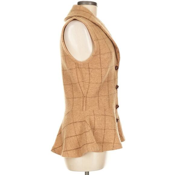 Vintage Ralph Lauren Lambswool Peplum Sweater Vest Plaid Cardigan Camel Beige M - Picture 4 of 7